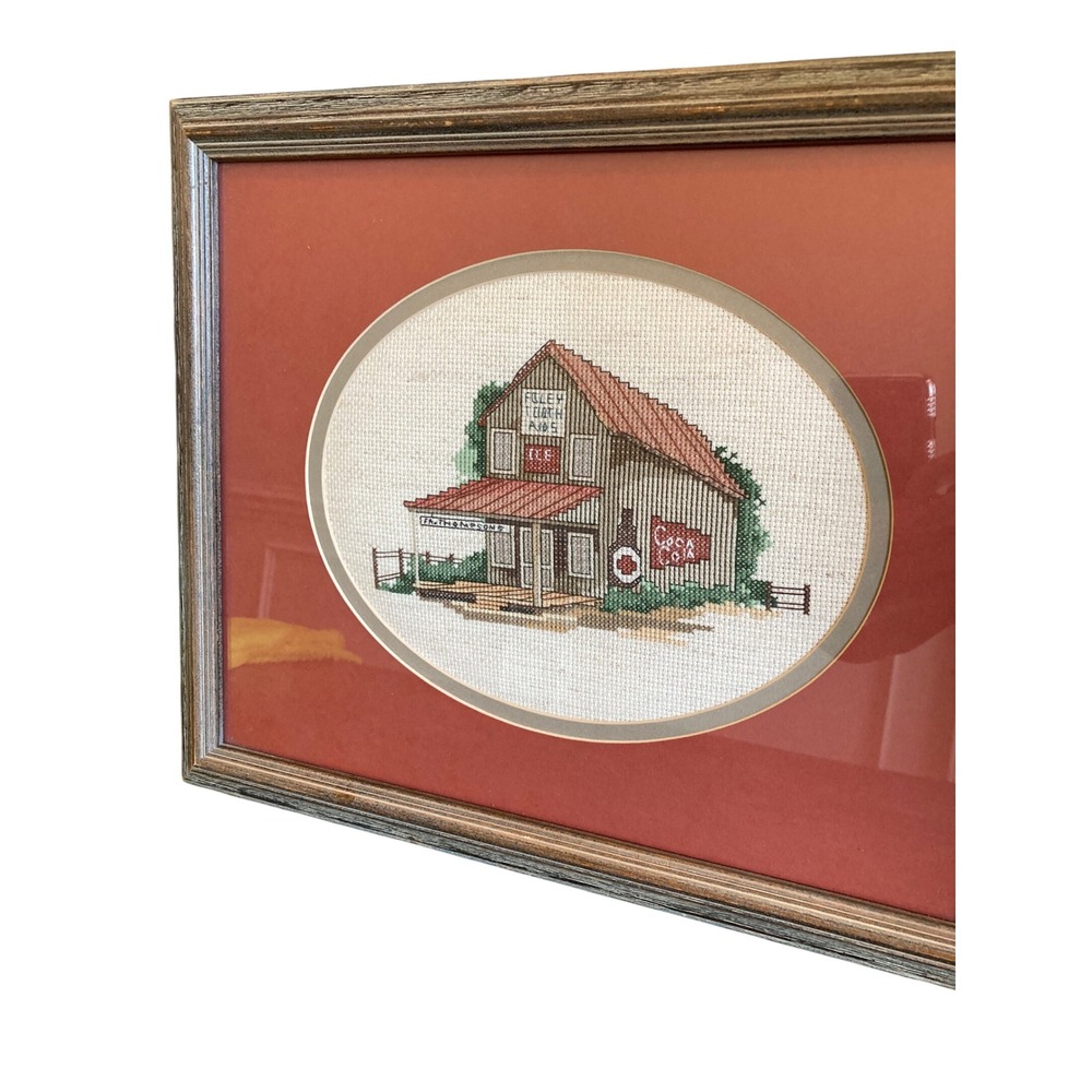 Vintage Framed Cross Stitch Americana General Store‎ Coca-Cola Art 15x12